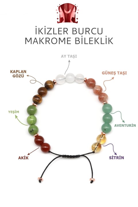 İkizler Burcu Taşlarından Oluşan Doğal Taş Makrome Bileklik 8 mm Küre Kesim - Burç Bilekliği