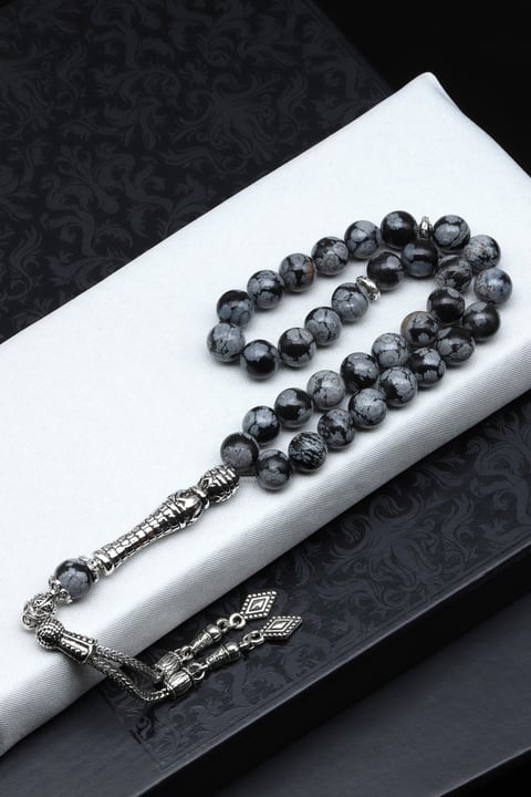 Karlı Obsidyen Doğal Taş Tesbih 8 mm Küre Kesim TSB-0577