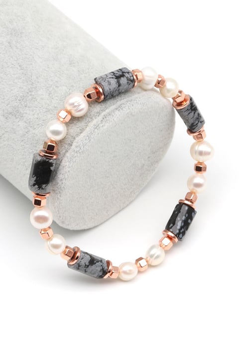 Karlı Obsidyen-İnci-Hematit Doğal Taş Bileklik 6 x 13 mm Silindir Kesim - BLK-2065