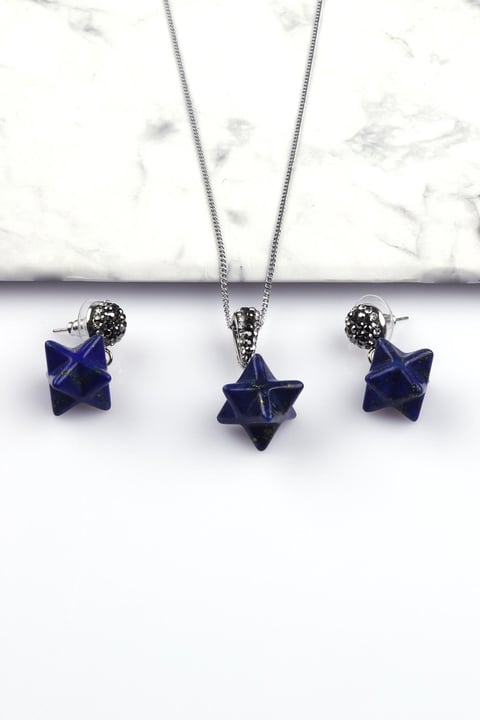 Lapis Lazuli Doğal Taş Merkaba Kolye - Küpe 2'li Set