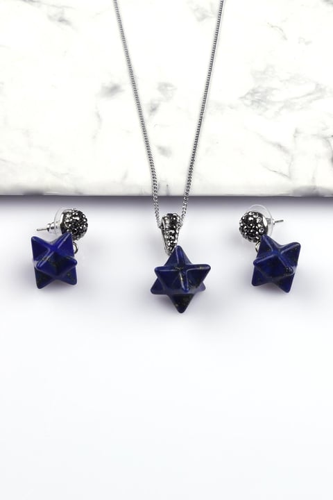 Lapis Lazuli Doğal Taş Merkaba Kolye - Küpe 2'li Set