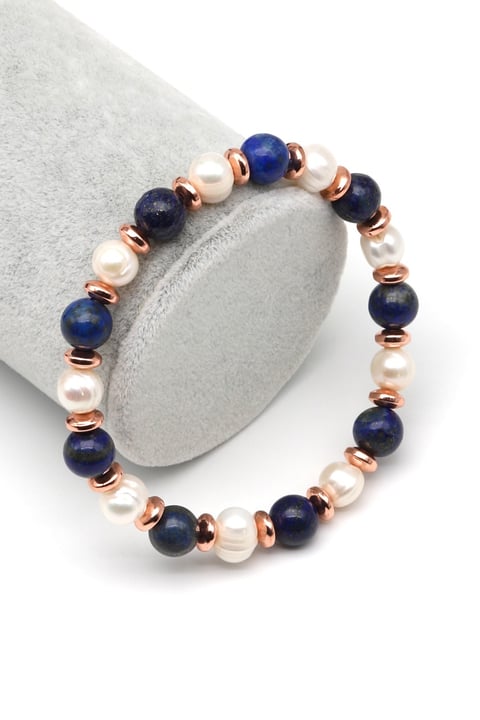 Lapis Lazuli-İnci Doğal Taş Bileklik 8 mm Küre Kesim - BLK-2264