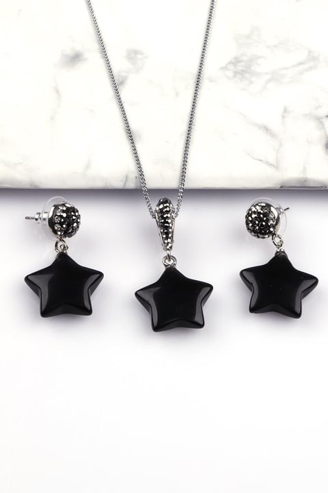 Obsidyen Doğal Taş Kolye - Küpe 2'li Set