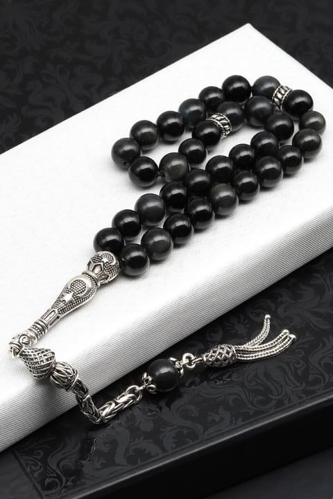 Obsidyen Doğal Taş Tesbih 925 Ayar Gümüş 8 mm Küre Kesim