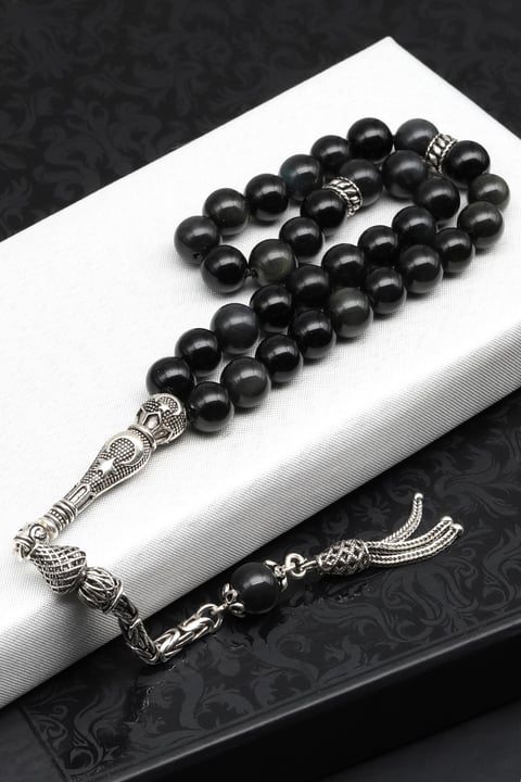 Obsidyen Doğal Taş Tesbih 925 Ayar Gümüş 8 mm Küre Kesim