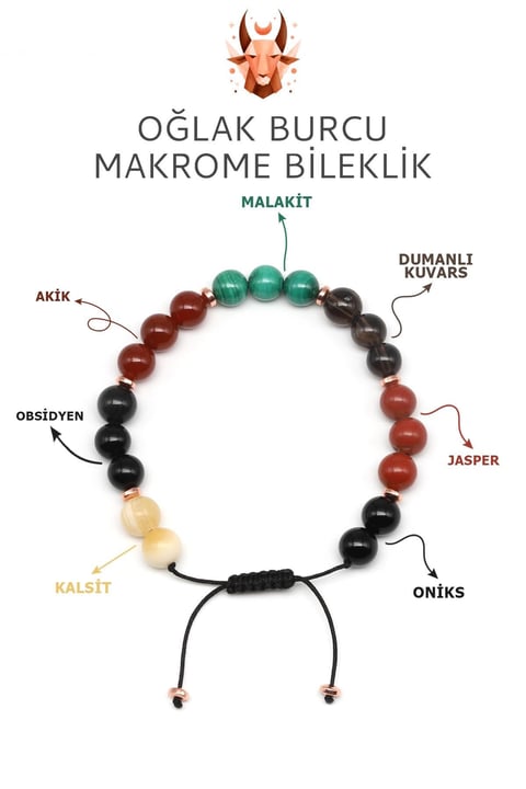 Oğlak Burcu Taşlarından Oluşan Doğal Taş Makrome Bileklik 8 mm Küre Kesim - Burç Bilekliği