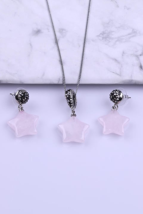 Pembe Kuvars Doğal Taş Kolye - Küpe 2'li Set