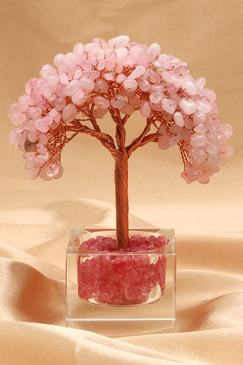 Pembe Kuvars Doğal Taş Tel Sarmalı Ağaç - DT-3316
