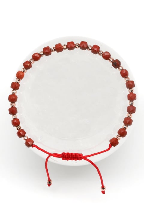 Red Jasper Doğal Taş Makrome Örme Bileklik Fasetli Küp Kesim