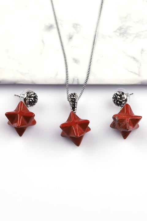 Red Jasper Doğal Taş Merkaba Kolye - Küpe 2'li Set