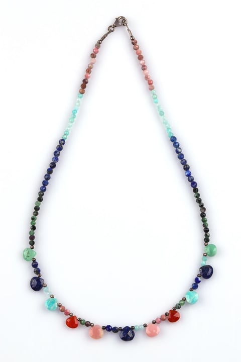 Rodonit - Amazonit - Lapis Lazuli - Anyolit - Akik - Yeşil Kuvars Doğal Taş Tasarım Kolye