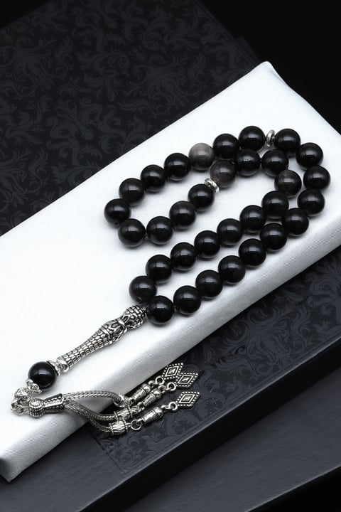Silver Obsidyen Doğal Taş Tesbih 10 mm Küre Kesim TSB-0605