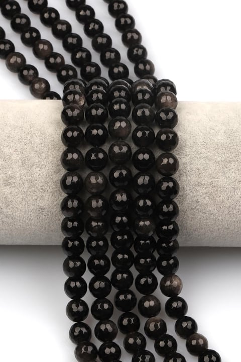 Silver Obsidyen Doğaltaş Dizi 8 mm Fasetli Küre Kesim