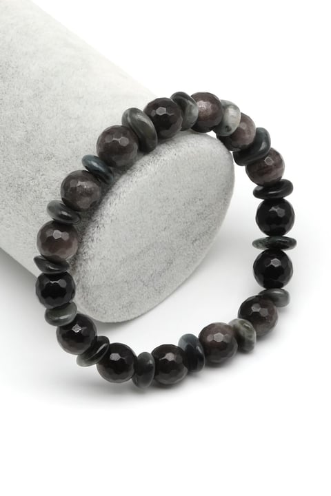 Silver Obsidyen-Kedi Gözü Doğal Taş Tasarım Bileklik 10 mm Fasetli Küre Kesim