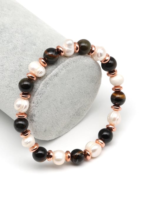 Siyah Kaplan Gözü-İnci Doğal Taş Bileklik 8 mm Küre Kesim - BLK-2307