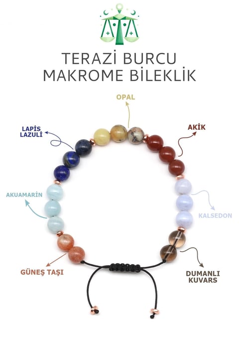 Terazi Burcu Taşlarından Oluşan Doğal Taş Makrome Bileklik 8 mm Küre Kesim - Burç Bilekliği