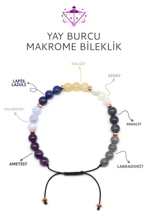 Yay Burcu Taşlarından Oluşan Doğal Taş Makrome Bileklik 6 mm Küre Kesim - Burç Bilekliği
