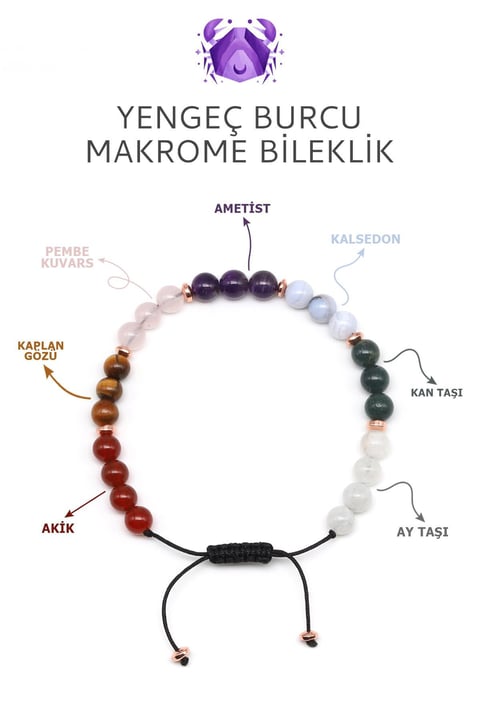 Yengeç Burcu Taşlarından Oluşan Doğal Taş Makrome Bileklik 6 mm Küre Kesim - Burç Bilekliği