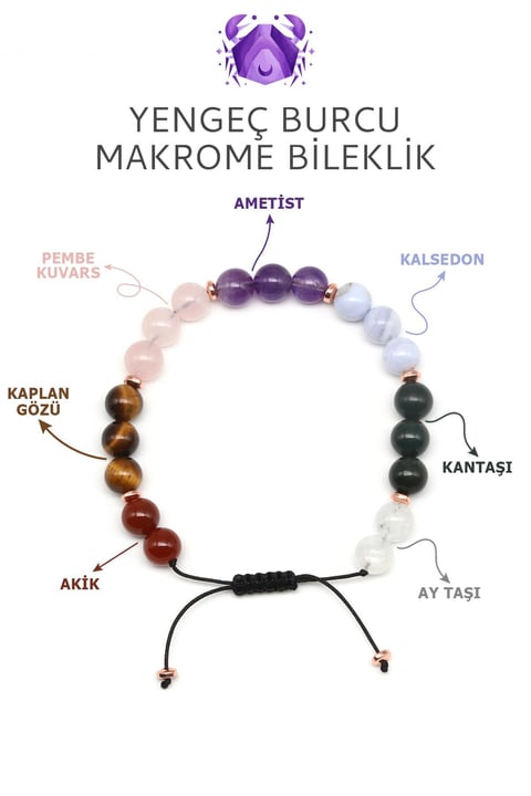 Yengeç Burcu Taşlarından Oluşan Doğal Taş Makrome Bileklik 8 mm Küre Kesim - Burç Bilekliği