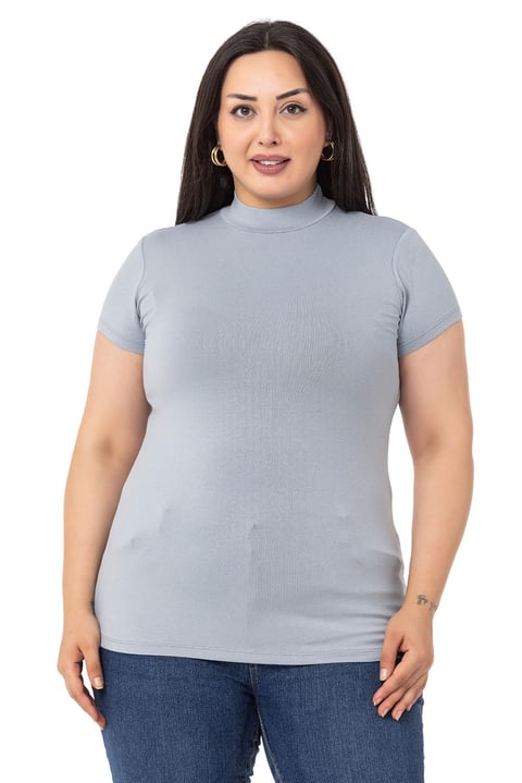 Büyük Beden Yarım Balıkçı Kısa Kollu Viskon Açık Gri Body