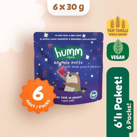 Organik Vegan Pancarlı ve Tam Tahıllı Puflar Atıştırmalık Paketi 6 adet görseli.