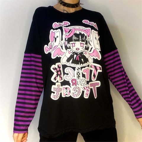 Anime   Harajuku Trick Or Treat Çizgili Uzun Kollu Unisex T-Shirt