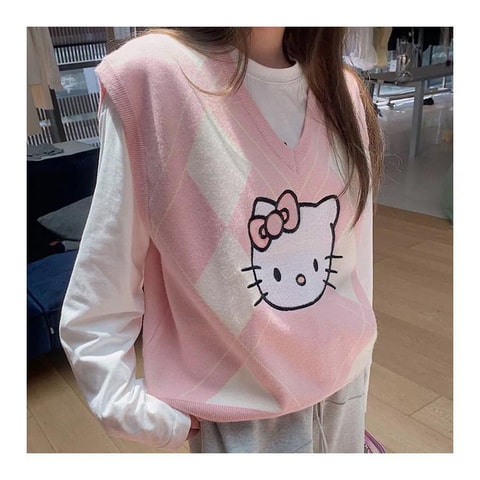 Anime Hello Kitty Baklava Desenli Oversize V Yaka Süveter