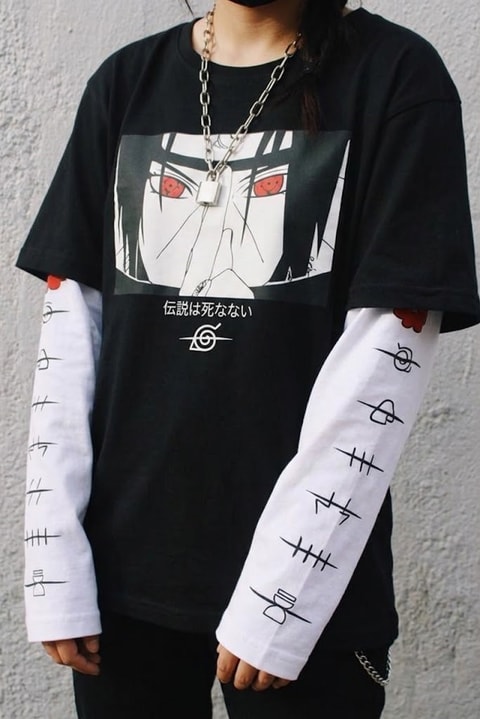 Anime Naruto Uchiha Sembol Detay Beyaz Unisex Kollu T-Shirt 