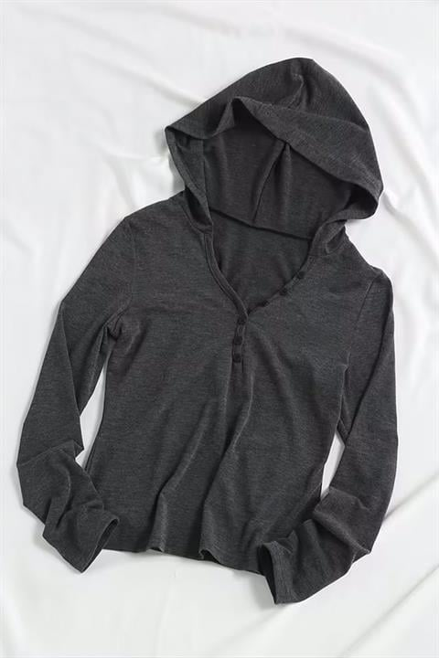 Antrasit Henley Yaka Y2K Kapüşonlu Uzun Kollu Crop