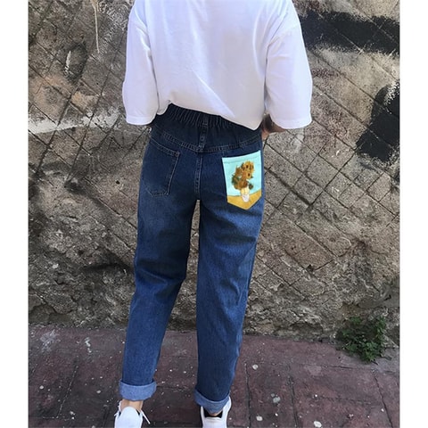 Art - Vincent Van Gogh - Sunflowers Beli Lastikli Boyfriend Kot Pantolon