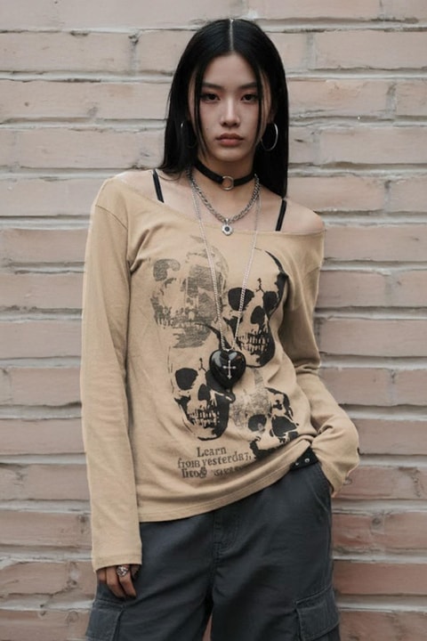 Bej Gotik Skulls Askılı Y2K Uzun Kollu Crop 