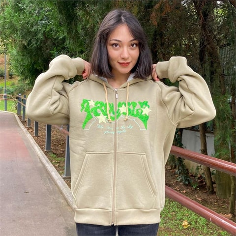 Bej Trouble Star Kalın Kumaş Fermuarlı (Unisex) Kapüşonlu Sweatshirt