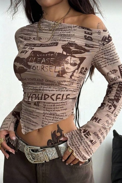Bej Yourself Collage Asimetrik Kesim Y2K Uzun Kollu Crop