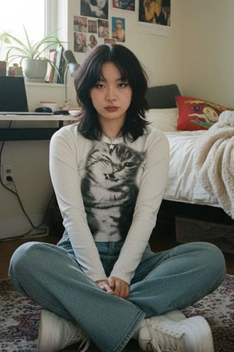 Beyaz Baby Cat Gotik Y2K Uzun Kollu Crop
