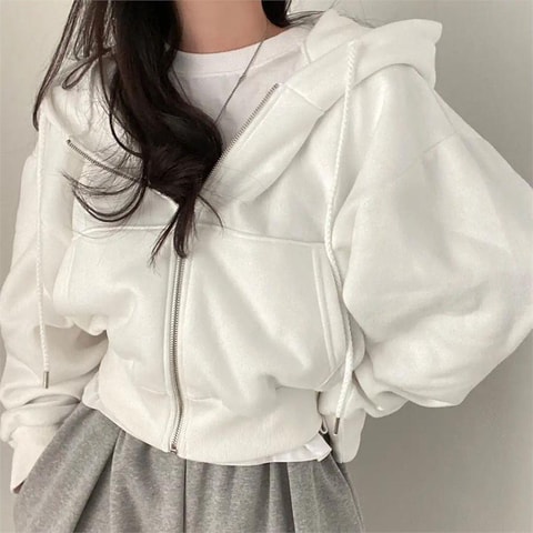 Beyaz Crop Top Kalın Kumaş Fermuarlı Kapüşonlu Sweatshirt