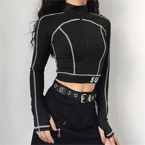 Beyaz Dikiş Detaylı Sure Siyah Fermuarlı Uzun Kollu Crop
