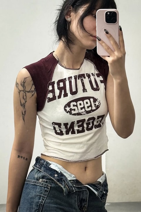 Beyaz Future Kahverengi Raglan Y2K Kısa Kollu Crop