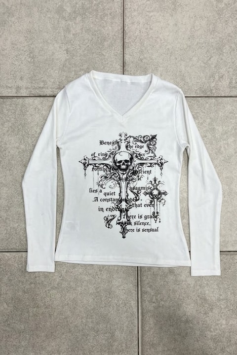 Beyaz Gotik Cross Skull Y2K Uzun Kollu Crop