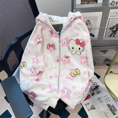 Beyaz Hello Kitty Baskılı Fermuarlı Kapüşonlu Sweatshirt