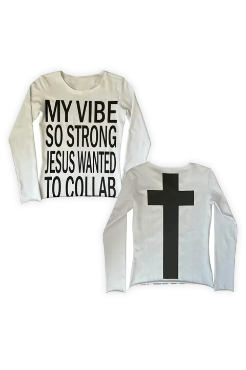 Beyaz My Vibe Cross Sırt  Baskılı Y2K Uzun Kollu Crop