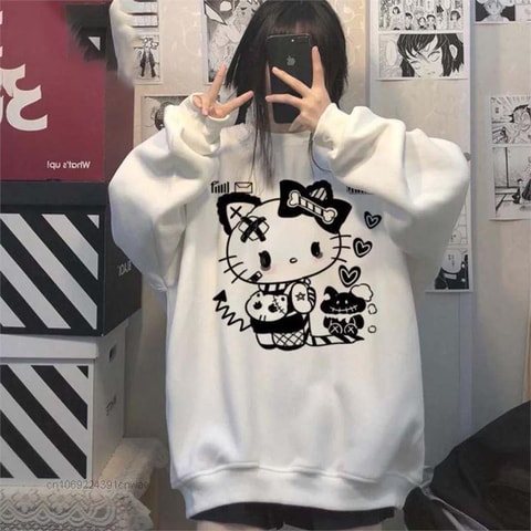 Beyaz Retro Mobile Hello Kitty (Unisex) Uzun Kollu
