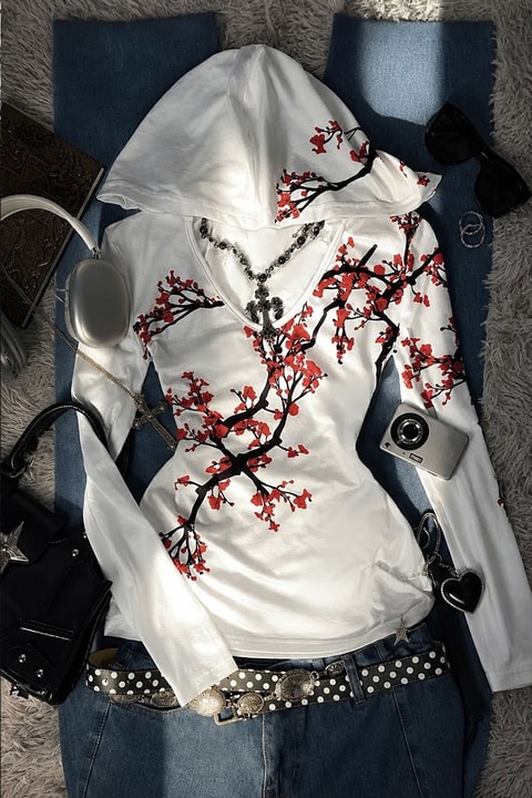 Beyaz Sakura Kapüşonlu Harajuku Y2K Uzun Kollu Crop