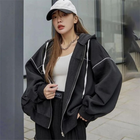 Beyaz Şerit Detaylı Siyah  Kalın Kumaş Fermuarlı (Unisex) Kapüşonlu Sweatshirt