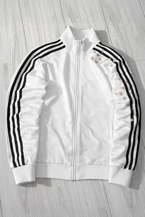 Beyaz Üç Şeritli Sakura Ağacı Y2K Unisex Hırka