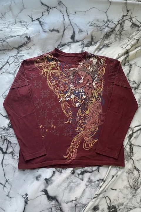 Bordo Angel Motifli Vintage Y2K Unisex Sweatshirt