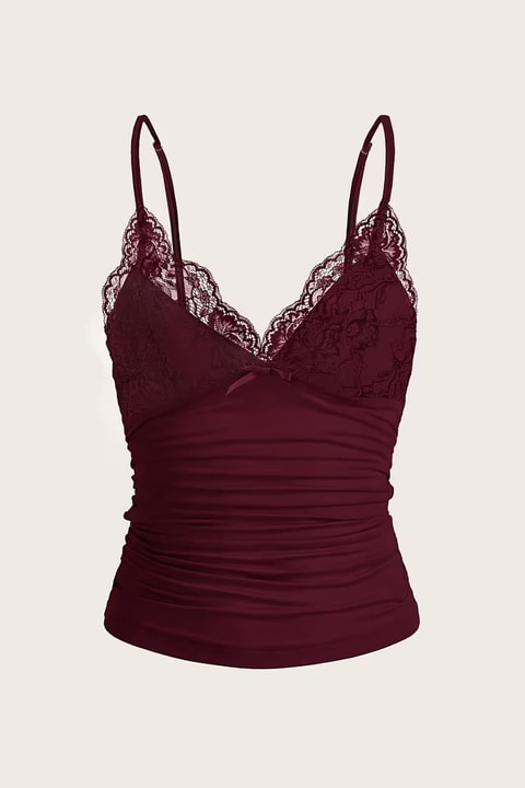 Bordo Dantel Detaylı Fiyonklu Y2K Askılı Crop