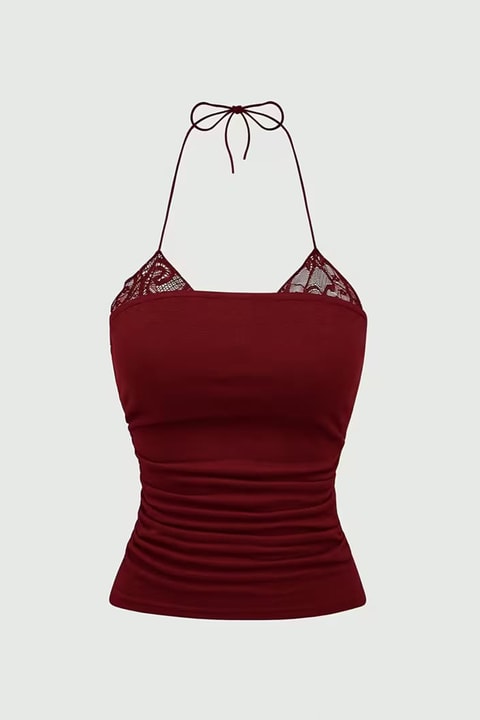 Bordo Dantel Ekli Bağlamalı Y2K Askılı Crop