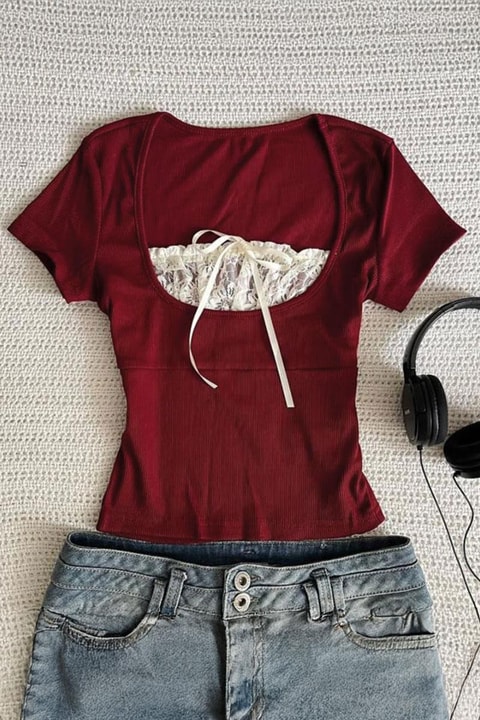 Bordo Dantel Yakalı Vintage  Y2K Kısa Kollu Crop