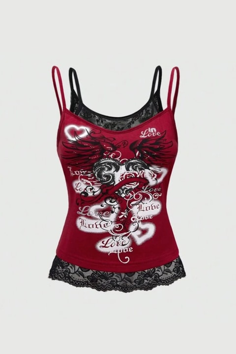Bordo Gotik Coquette Love Dantel Detaylı Y2K Askılı Crop