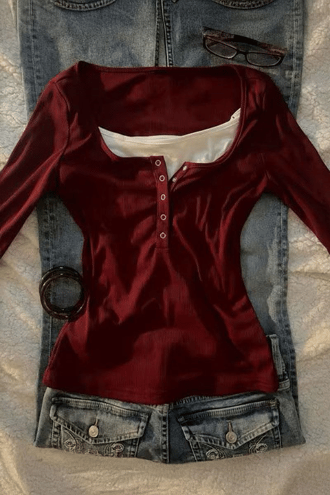 Bordo Henley Yaka Ekli Y2K Uzun Kollu Crop